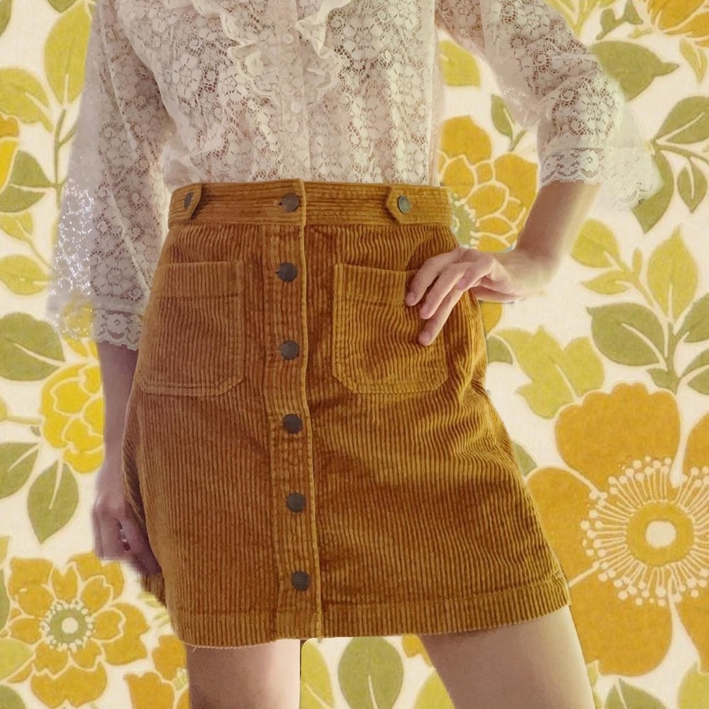 Madewell Wide Wale Corduroy Camel Button Front Skirt Retro Patch Pockets Size 4